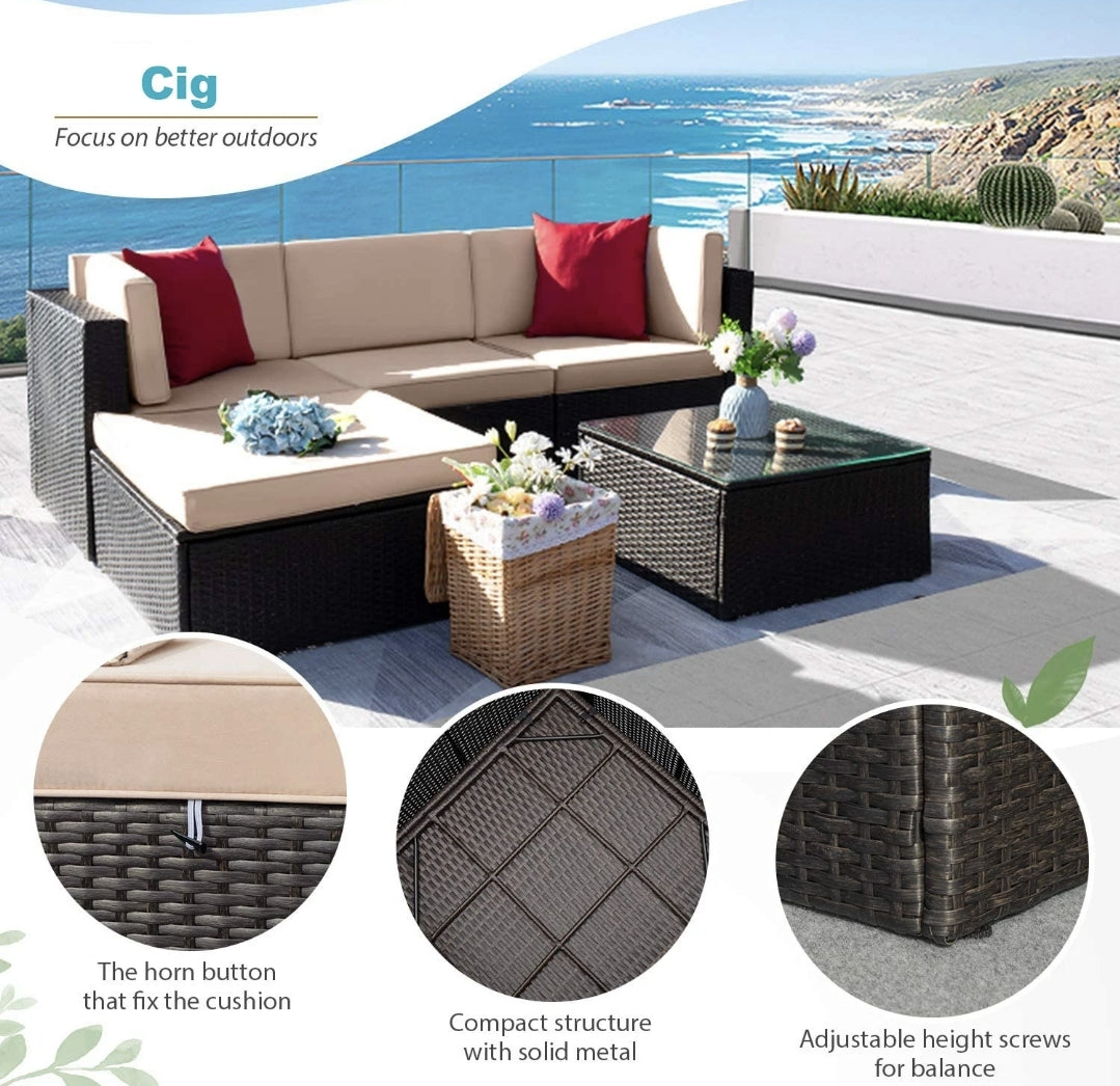 Juego de muebles de patio de 5 piezas, sofá modular de mimbre para exteriores con cojines