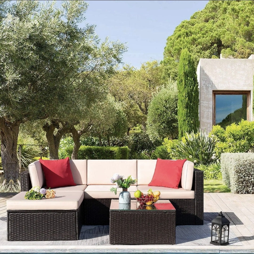 Juego de muebles de patio de 5 piezas, sofá modular de mimbre para exteriores con cojines