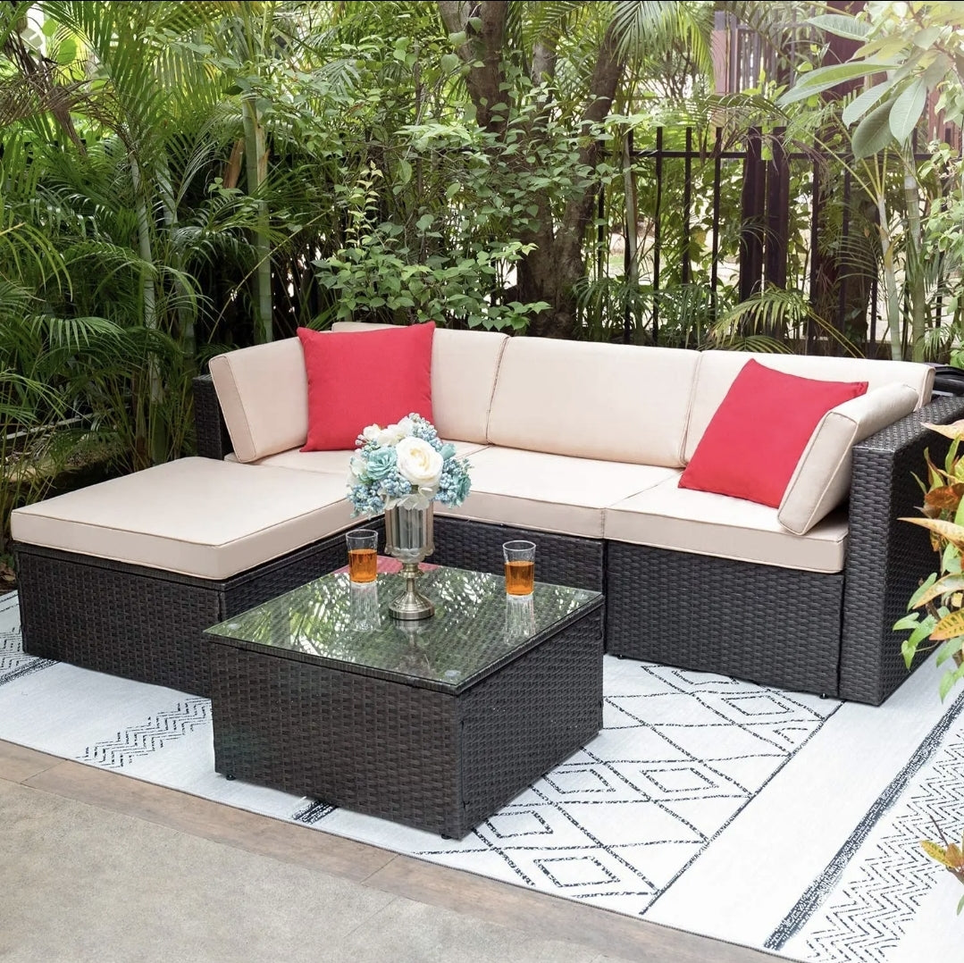 Juego de muebles de patio de 5 piezas, sofá modular de mimbre para exteriores con cojines