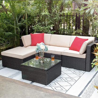 Juego de muebles de patio de 5 piezas, sofá modular de mimbre para exteriores con cojines