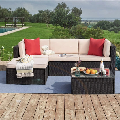 Juego de muebles de patio de 5 piezas, sofá modular de mimbre para exteriores con cojines