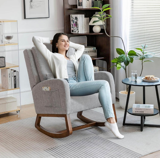 Mecedora para interiores con cojín grueso, diseño moderno para sala de estar, dormitorio, marco de madera duradero con tela suave, cómoda para leer, gris